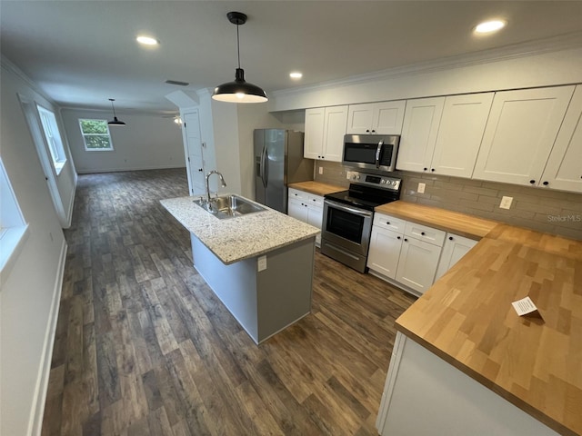 kitchen featuring crown molding, stainless steel appliances, tasteful backsplash, a sink, and wood counters