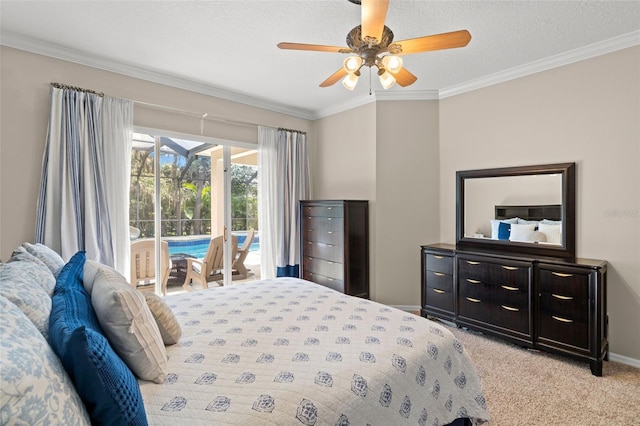 bedroom with ceiling fan, light carpet, access to exterior, and ornamental molding