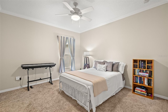 bedroom featuring light colored carpet, ceiling fan, and ornamental molding