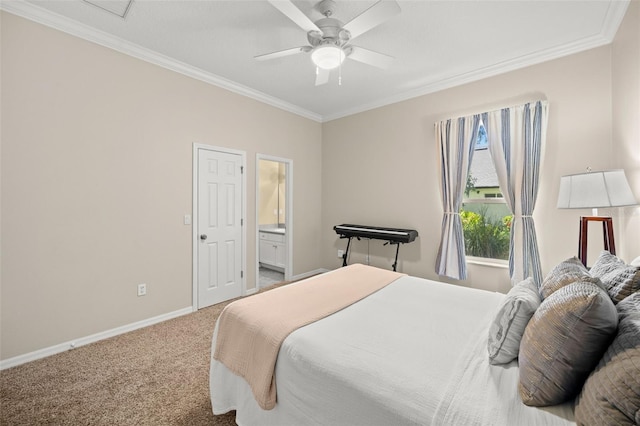 carpeted bedroom featuring connected bathroom, ceiling fan, and crown molding