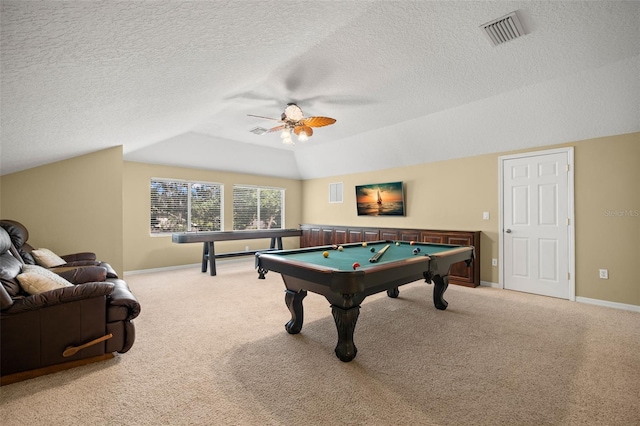 playroom with a textured ceiling, ceiling fan, light carpet, and pool table