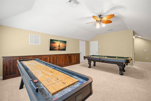 rec room with light colored carpet, lofted ceiling, ceiling fan, and pool table