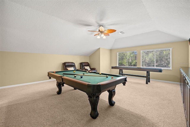 rec room with light colored carpet, vaulted ceiling, ceiling fan, and pool table