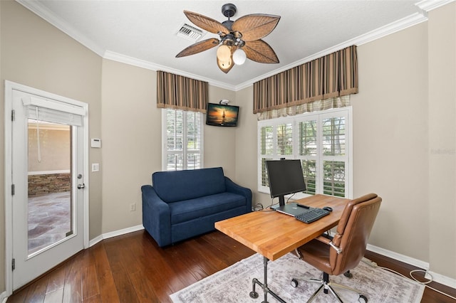 office with ornamental molding, ceiling fan, a wealth of natural light, and dark hardwood / wood-style floors