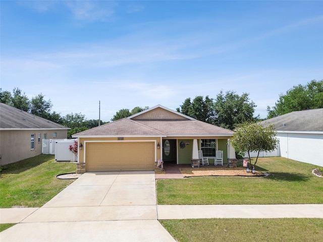 ranch-style house with a garage, a front lawn, and a porch