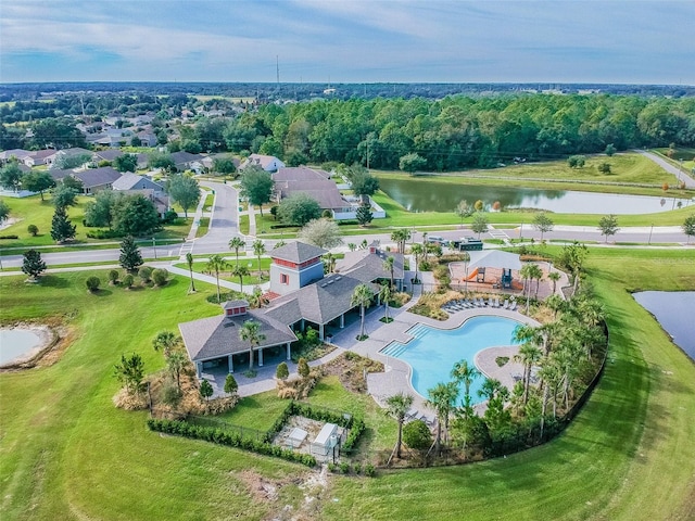 drone / aerial view featuring a water view