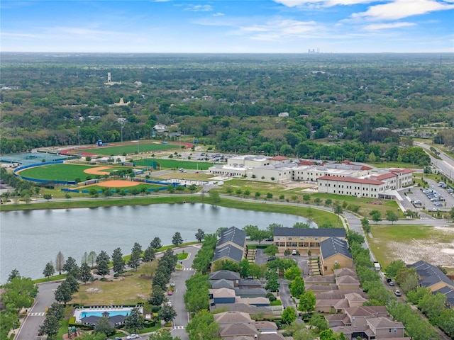 drone / aerial view with a water view