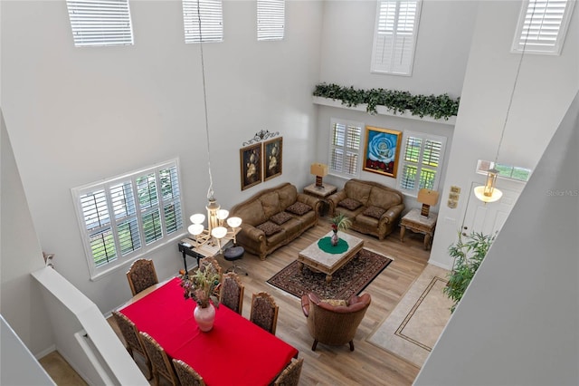 living room with hardwood / wood-style floors, plenty of natural light, and a high ceiling