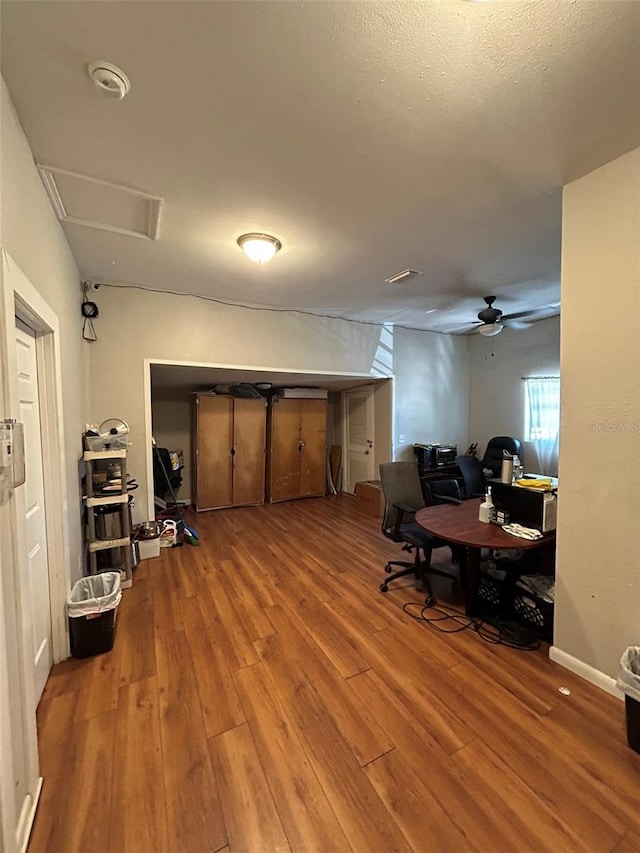 office area featuring ceiling fan and hardwood / wood-style flooring