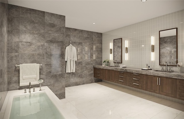 bathroom featuring oversized vanity, tile walls, tile floors, and double sink