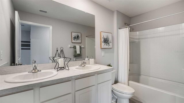 bathroom with double vanity, a sink, toilet, and shower / tub combo with curtain