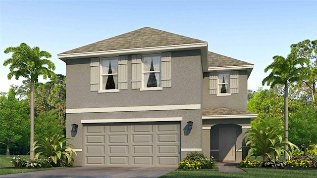 view of front of property with a garage, driveway, roof with shingles, and stucco siding