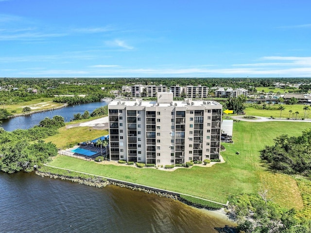 drone / aerial view featuring a water view