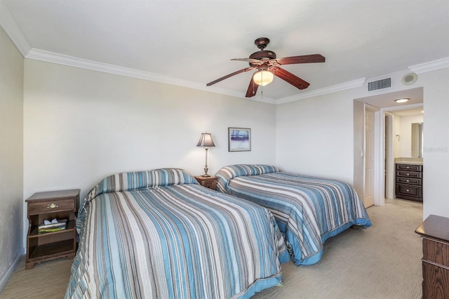 bedroom with carpet flooring, crown molding, connected bathroom, and ceiling fan