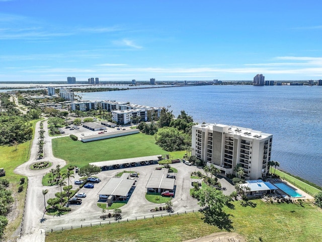 drone / aerial view featuring a water view