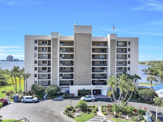 view of building exterior featuring a water view