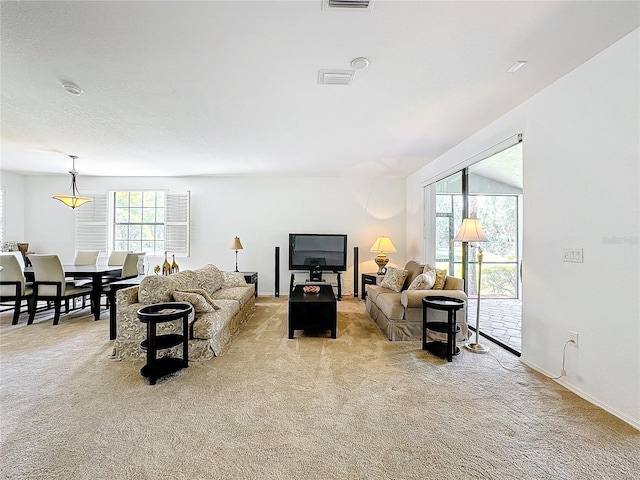 living room featuring light carpet