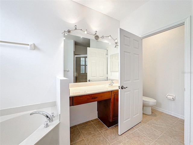 full bathroom featuring tile patterned flooring, shower with separate bathtub, vanity, and toilet