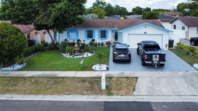 ranch-style home with a garage and a front yard