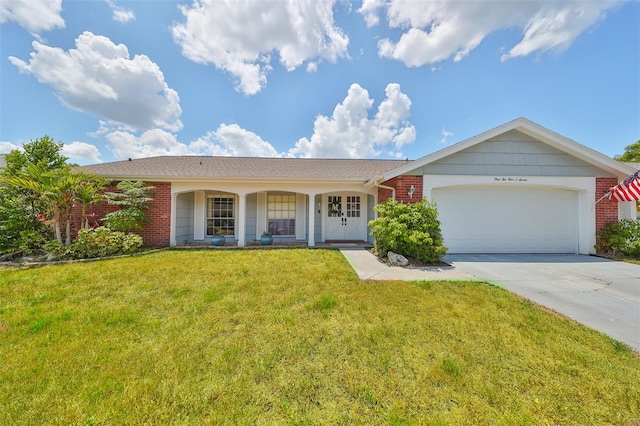 ranch-style home with a garage and a front yard