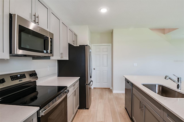 kitchen featuring gray cabinetry, sink, light hardwood / wood-style floors, and appliances with stainless steel finishes