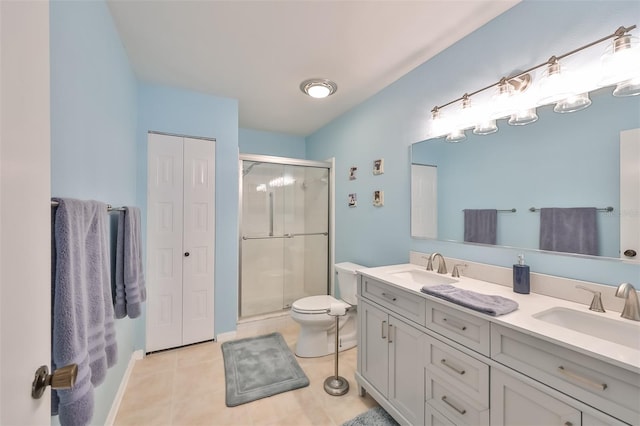 bathroom featuring tile patterned floors, an enclosed shower, double sink vanity, and toilet