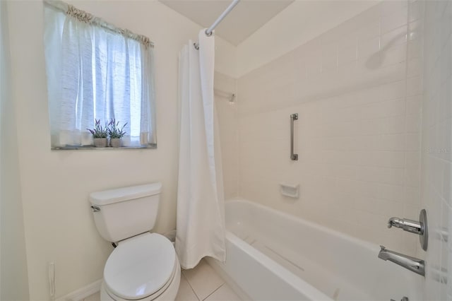 full bathroom with toilet, baseboards, shower / tub combo with curtain, and tile patterned floors