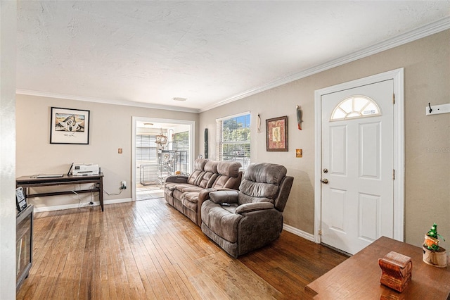 living room featuring hardwood / wood-style floors and ornamental molding