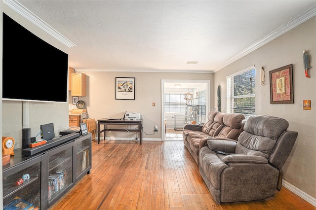 living room with ornamental molding, an inviting chandelier, and light wood-type flooring