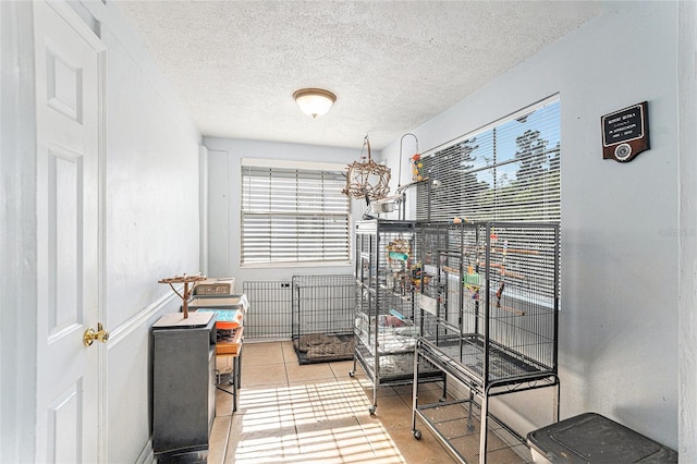 misc room featuring plenty of natural light, light tile flooring, and a textured ceiling