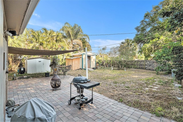 view of yard featuring a patio area, a fire pit, and a shed