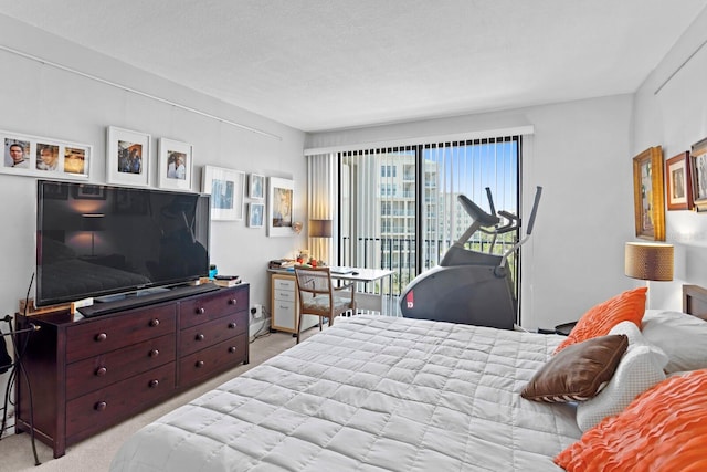 bedroom featuring access to exterior and light carpet