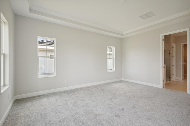 spare room with carpet floors, a tray ceiling, and baseboards