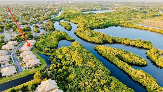 drone / aerial view with a water view