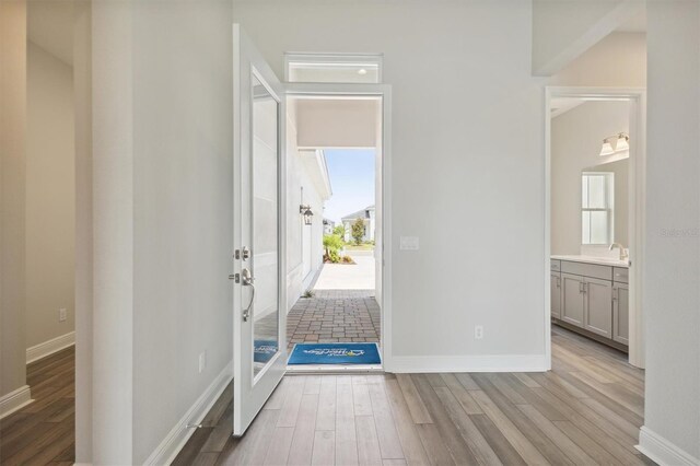 entryway featuring sink and light wood-type flooring