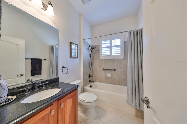 full bathroom featuring tile floors, toilet, oversized vanity, and shower / bathtub combination with curtain