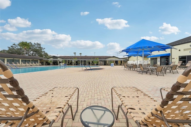 view of swimming pool featuring a patio