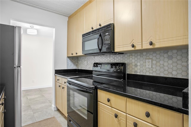 kitchen with light brown cabinetry, tasteful backsplash, black appliances, and light tile flooring