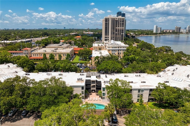 bird's eye view with a water view