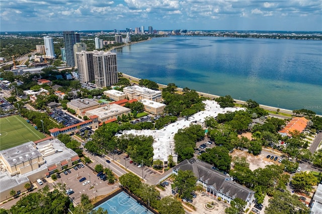 bird's eye view with a water view