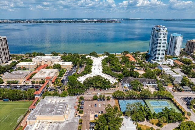 drone / aerial view with a water view