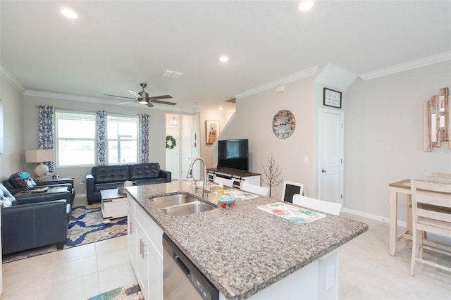 kitchen featuring dishwasher, a kitchen island with sink, crown molding, sink, and white cabinetry