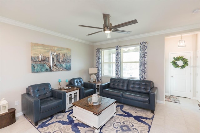 living room with ceiling fan, light tile patterned floors, and ornamental molding