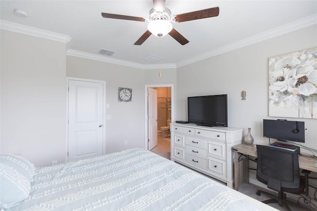 bedroom with ceiling fan, ornamental molding, and connected bathroom