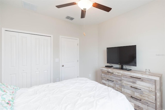 bedroom with ceiling fan and a closet