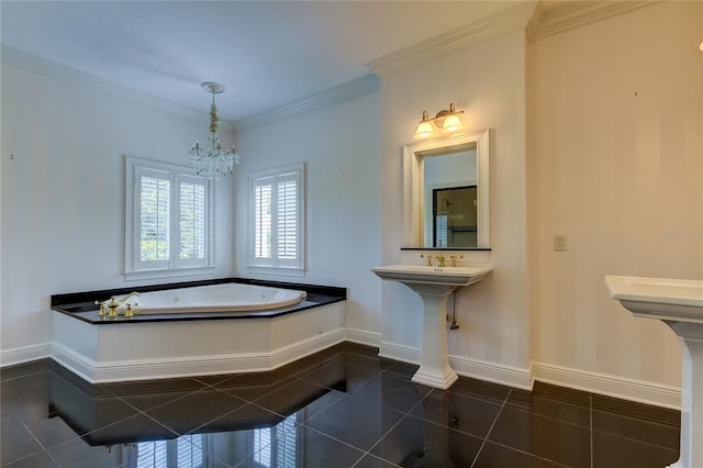 bathroom with crown molding, a notable chandelier, tile patterned floors, and a tub