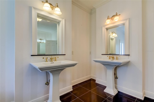 bathroom with tile patterned floors and crown molding