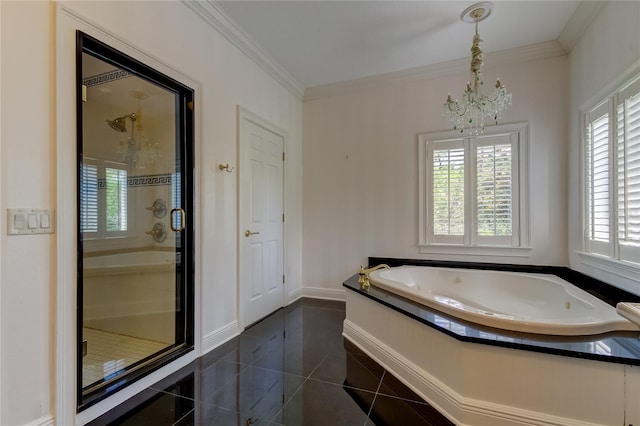 bathroom featuring separate shower and tub, a notable chandelier, ornamental molding, and tile patterned flooring