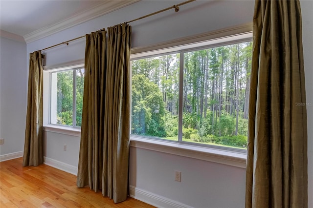 spare room with a healthy amount of sunlight, ornamental molding, and light hardwood / wood-style flooring