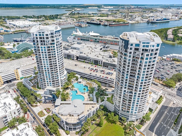 birds eye view of property featuring a water view